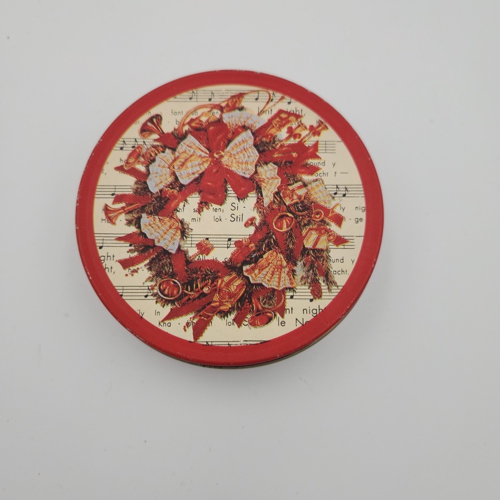 Vintage Tin Metal Coasters Christmas Wreath Musical Instruments Set of 6 Vintage